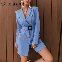 Glamaker Blue fashion spring summer mini blazer dress Office ladies button decoration slim straight sexy dress with belt 2021new